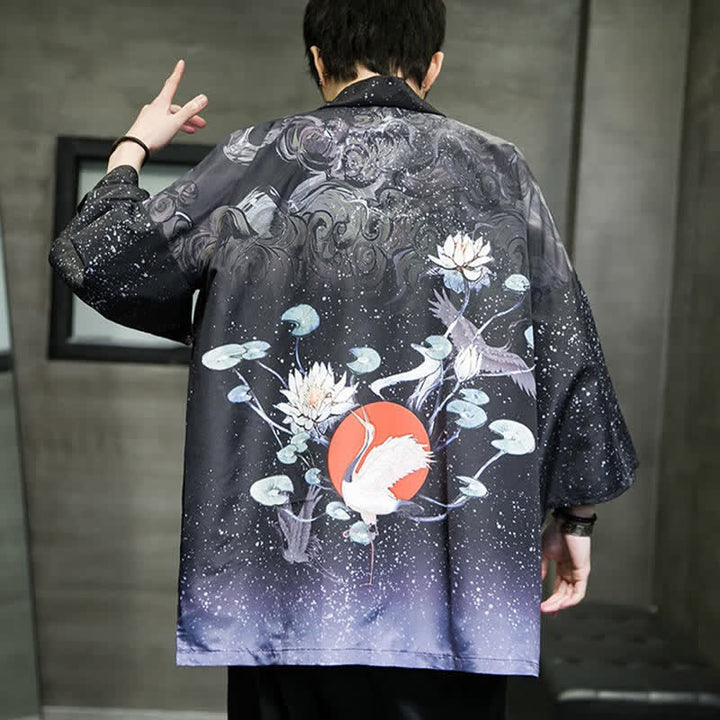 Buddha Stones 夏向けカジュアルデザイン　蓮の葉と蝶と鶴のプリント　前開きメンズ着物 - image 31
