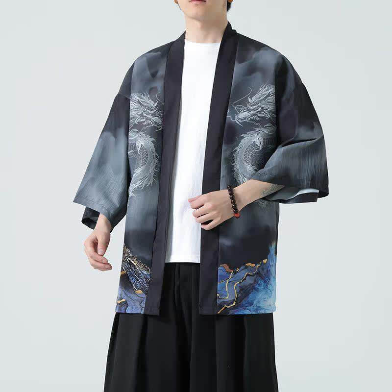 Buddha Stones 夏用カジュアル龍山柄前開きメンズ着物 - 黒 - US/UK/AU48, EU58 （5XL） - image 0