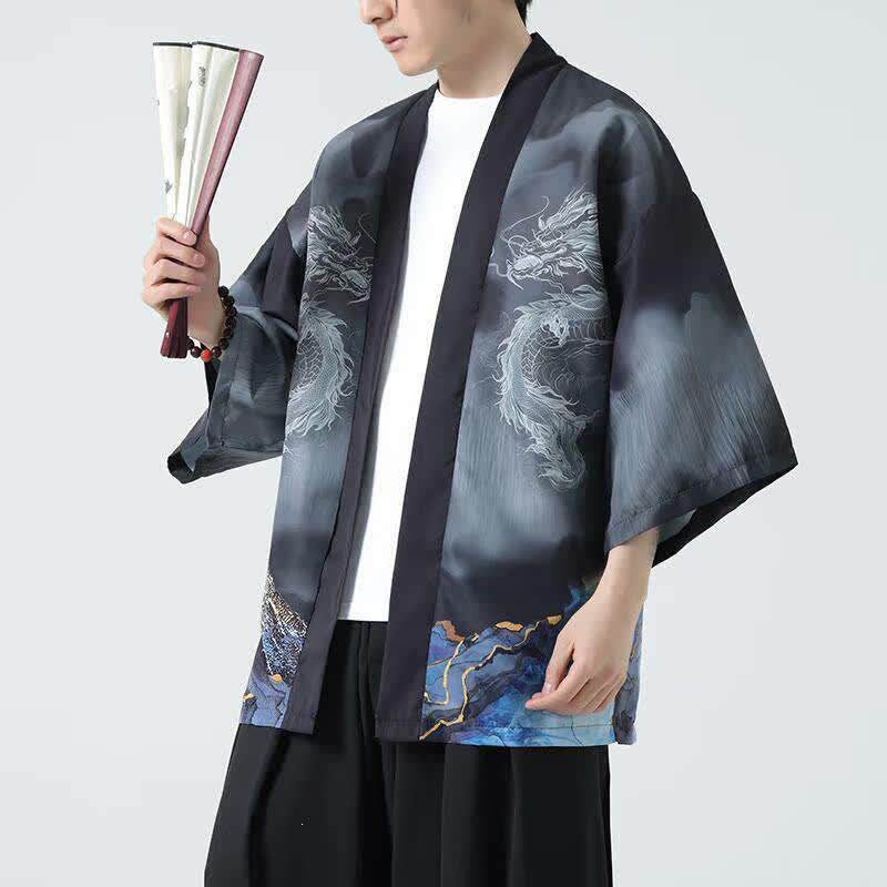 Buddha Stones 夏用カジュアル龍山柄前開きメンズ着物 - image 1