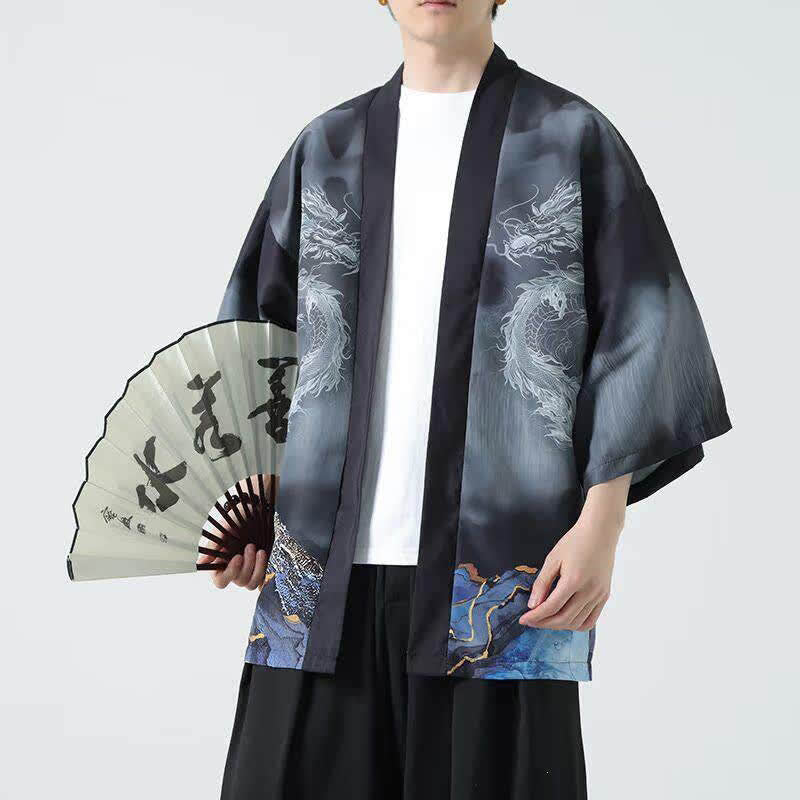 Buddha Stones 夏用カジュアル龍山柄前開きメンズ着物 - image 2