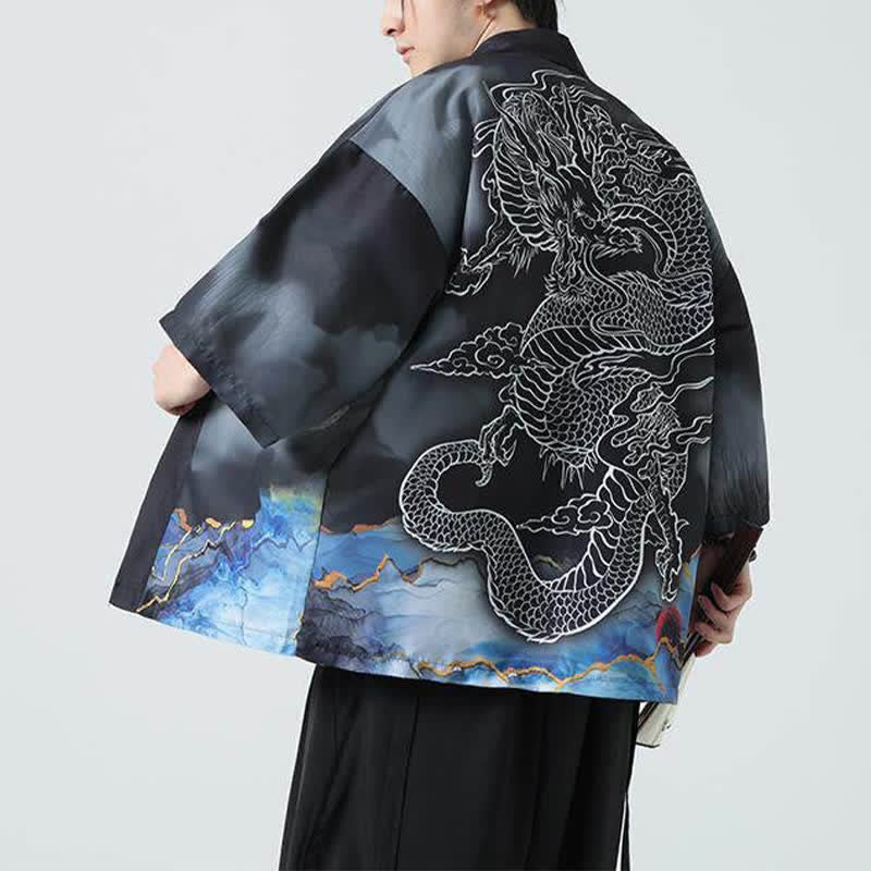 Buddha Stones 夏用カジュアル龍山柄前開きメンズ着物 - image 3