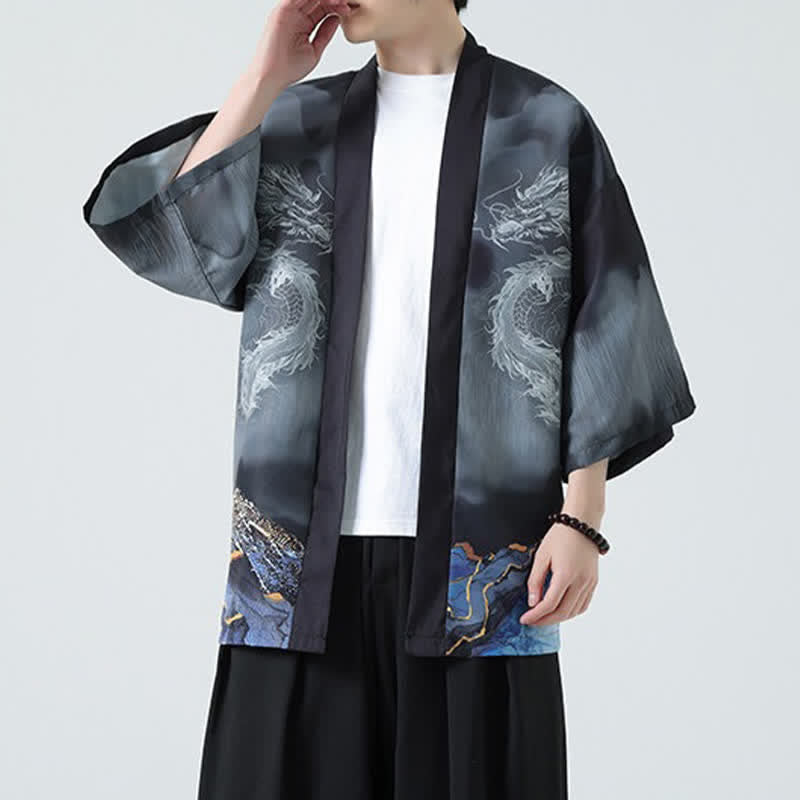 Buddha Stones 夏用カジュアル龍山柄前開きメンズ着物 - image 4