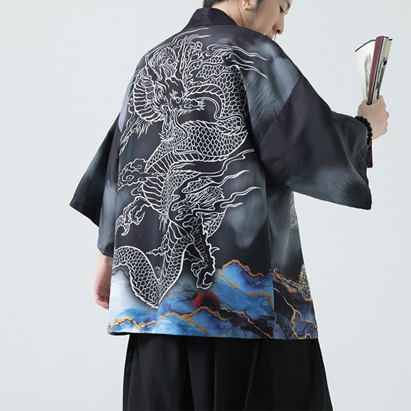 Buddha Stones 夏用カジュアル龍山柄前開きメンズ着物 - image 9