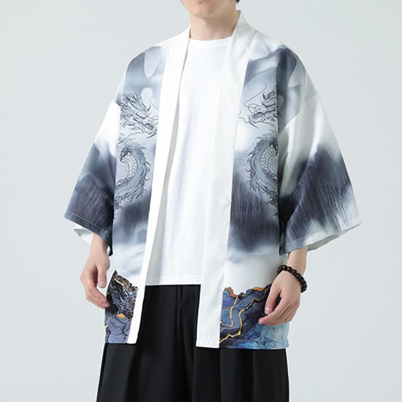 Buddha Stones 夏用カジュアル龍山柄前開きメンズ着物 - ホワイトスモーク - US/UK/AU48, EU58 （5XL） - image 13