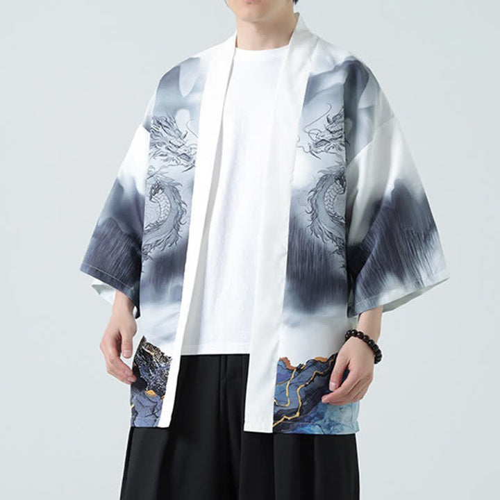 Buddha Stones 夏用カジュアル龍山柄前開きメンズ着物 - ホワイトスモーク - US/UK/AU48, EU58 （5XL） - image 13