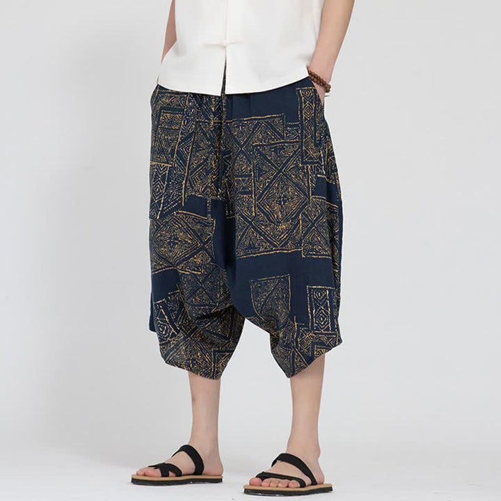 Buddha Stones 夏物 ボヘミアン カジュアル ゴムウエスト 幾何学模様 花柄 カプリパンツ メンズ ハーレムパンツ - image 15