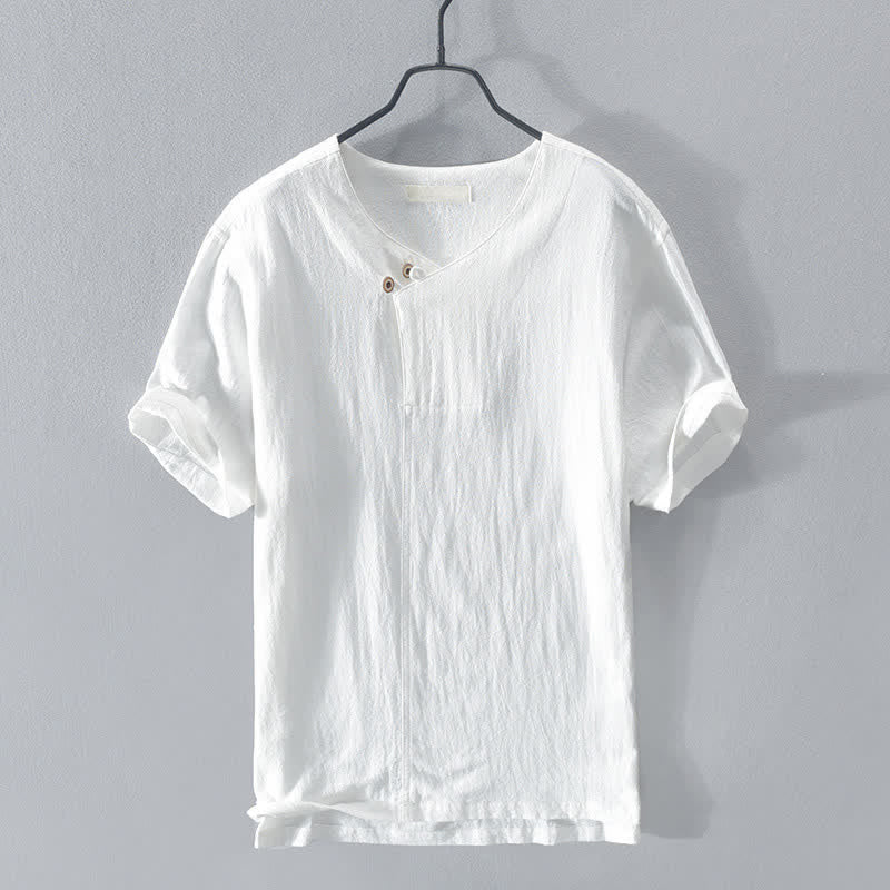 Buddha Stones 夏物カジュアル アシンメトリーVネック ボタン付き無地メンズ半袖シャツ - 白 - US/UK/AU44, EU54 （3XL） - image 12