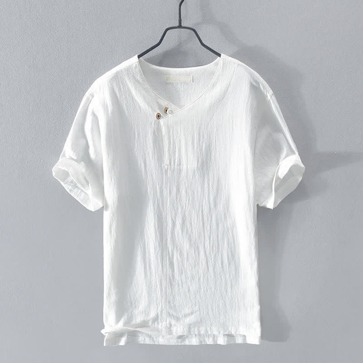 Buddha Stones 夏物カジュアル アシンメトリーVネック ボタン付き無地メンズ半袖シャツ - 白 - US/UK/AU44, EU54 （3XL） - image 12