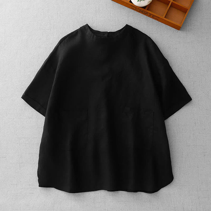 Buddha Stones 夏物カジュアルミニマルバックボタン無地レディース半袖Tシャツ（フロントポケット付き） - 黒 - US14, UK/AU18, EU46 （2XL） - image 17