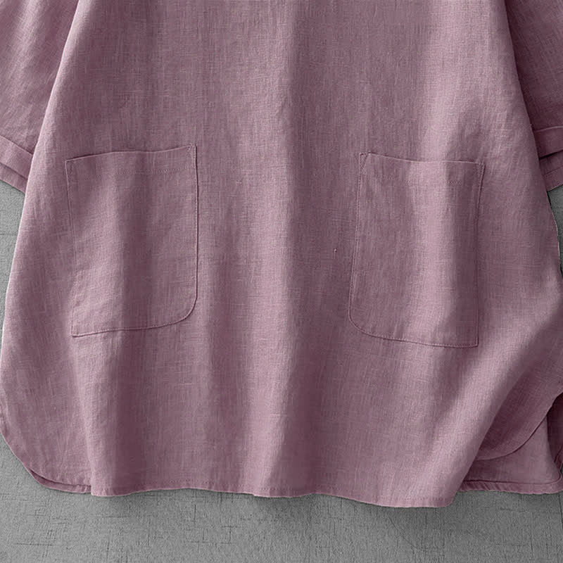 Buddha Stones 夏物カジュアルミニマルバックボタン無地レディース半袖Tシャツ（フロントポケット付き） - image 5