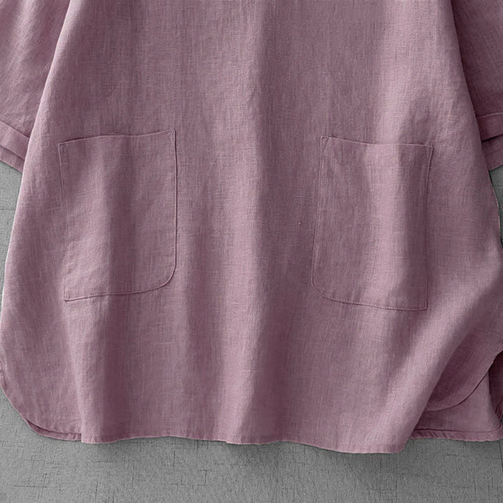 Buddha Stones 夏物カジュアルミニマルバックボタン無地レディース半袖Tシャツ（フロントポケット付き） - image 5