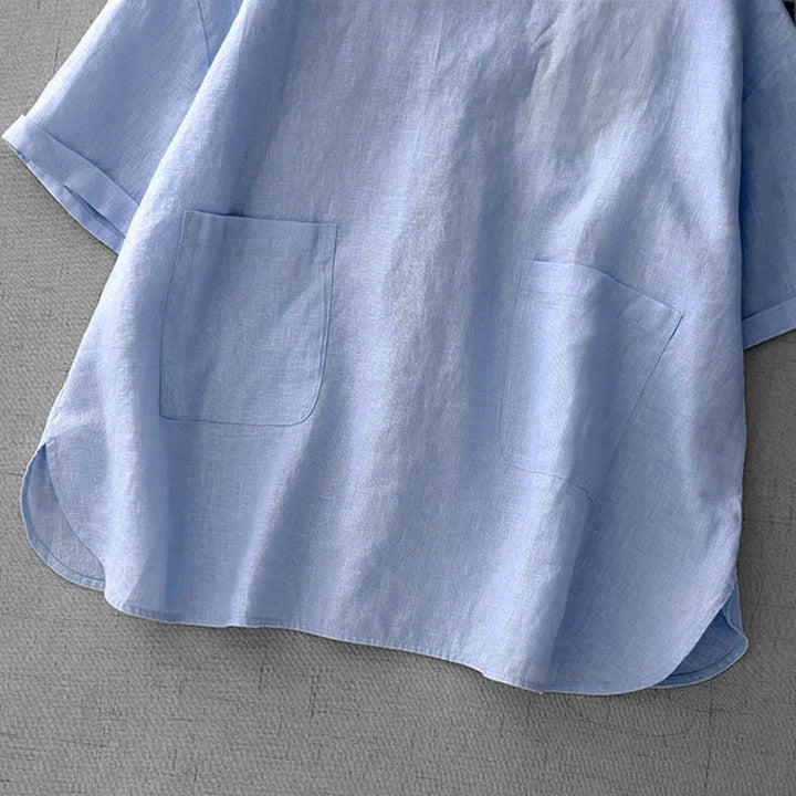 Buddha Stones 夏物カジュアルミニマルバックボタン無地レディース半袖Tシャツ（フロントポケット付き） - image 12
