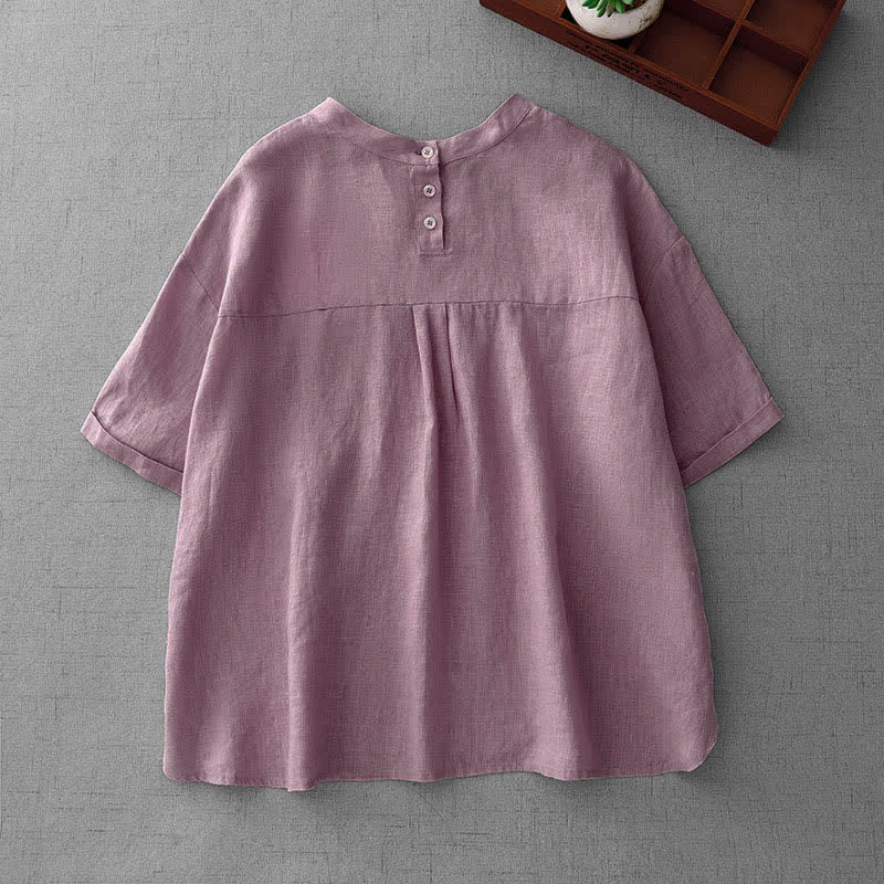 Buddha Stones 夏物カジュアルミニマルバックボタン無地レディース半袖Tシャツ（フロントポケット付き） - image 1