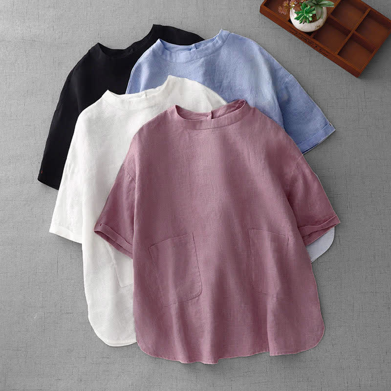 Buddha Stones 夏物カジュアルミニマルバックボタン無地レディース半袖Tシャツ（フロントポケット付き） - image 29