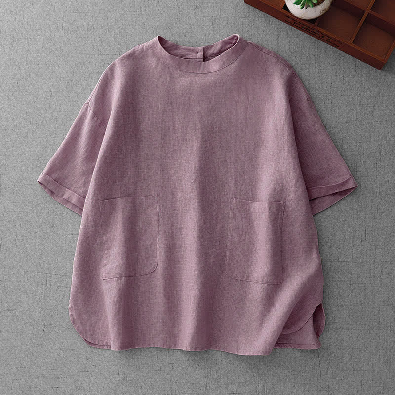 Buddha Stones 夏物カジュアルミニマルバックボタン無地レディース半袖Tシャツ（フロントポケット付き） - アザミ - US14, UK/AU18, EU46 （2XL） - image 0