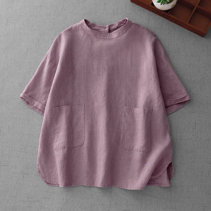 Buddha Stones 夏物カジュアルミニマルバックボタン無地レディース半袖Tシャツ（フロントポケット付き） - アザミ - US14, UK/AU18, EU46 （2XL） - image 0
