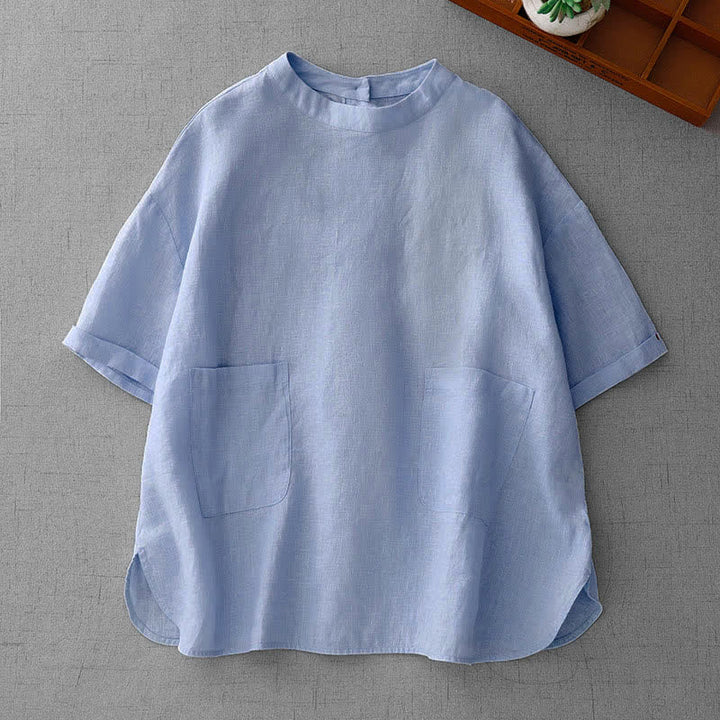 Buddha Stones 夏物カジュアルミニマルバックボタン無地レディース半袖Tシャツ（フロントポケット付き） - ライトスチールブルー - US14, UK/AU18, EU46 （2XL） - image 10