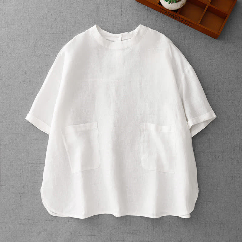 Buddha Stones 夏物カジュアルミニマルバックボタン無地レディース半袖Tシャツ（フロントポケット付き） - 白 - US14, UK/AU18, EU46 （2XL） - image 23