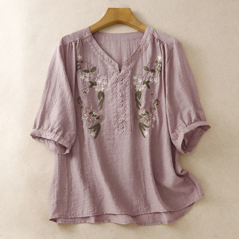 Buddha Stones 夏物 ボヘミアン風 刺繍入り 花柄 レディース 半袖シャツ - 淡い紫がかった赤 - US8-10，UK/AU12-14，EU40-42 (2XL) - image 6