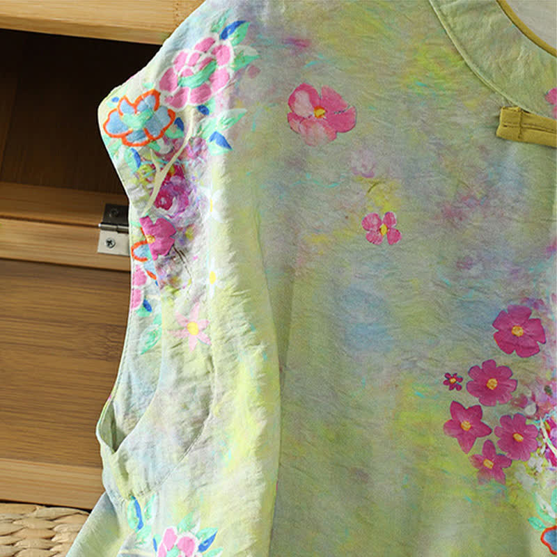 Buddha Stones 夏らしいエレガントなマンダリンカラー、サイドスリット、花柄プリントのレディースノースリーブシャツ - image 13
