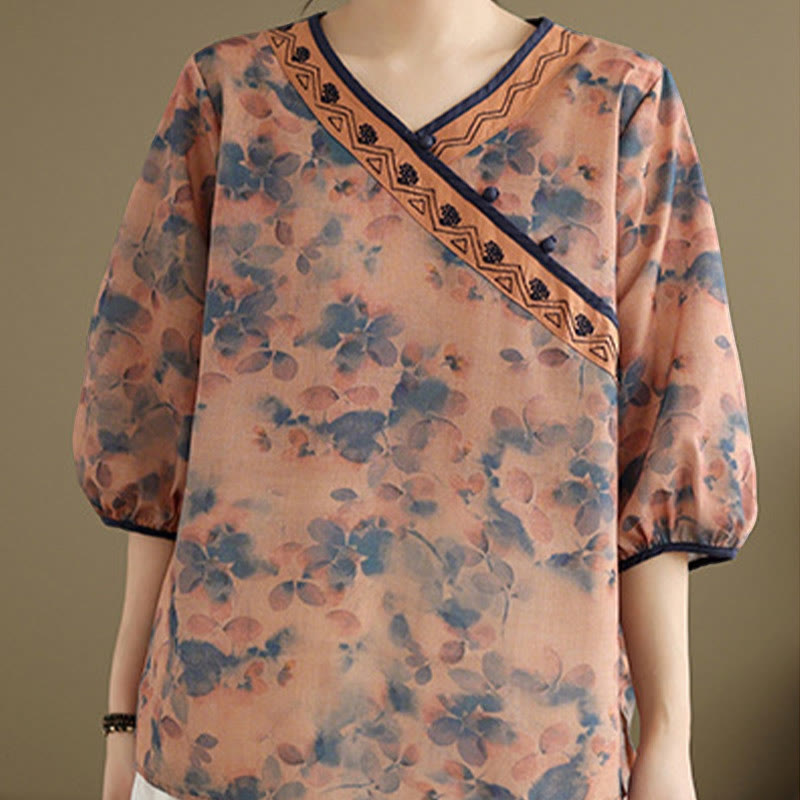 Buddha Stones 夏物 ヴィンテージ風 花柄 Vネック レディース 肘丈袖シャツ - image 12