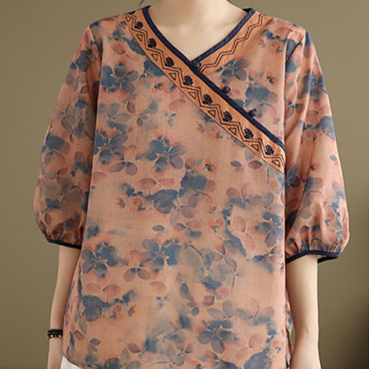 Buddha Stones 夏物 ヴィンテージ風 花柄 Vネック レディース 肘丈袖シャツ - image 12