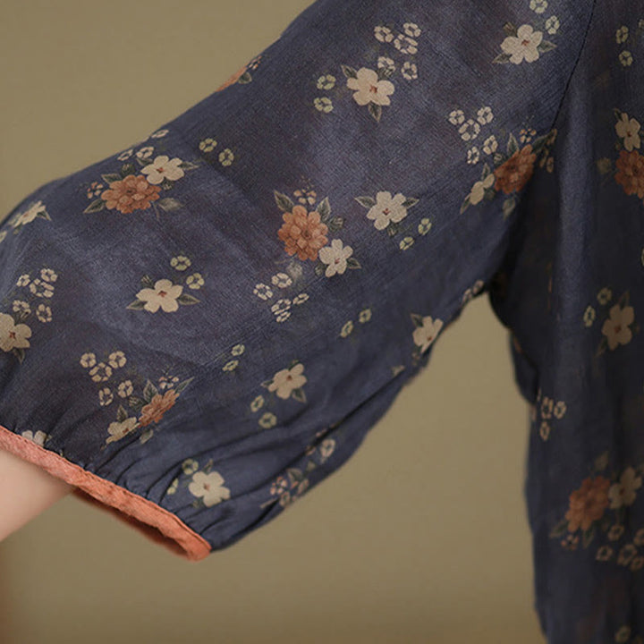 Buddha Stones 夏物 ヴィンテージ風 花柄 Vネック レディース 肘丈袖シャツ - image 7