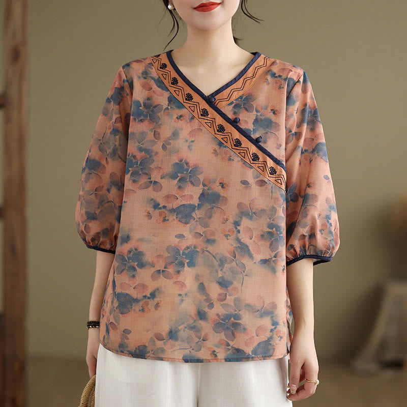 Buddha Stones 夏物 ヴィンテージ風 花柄 Vネック レディース 肘丈袖シャツ - image 10