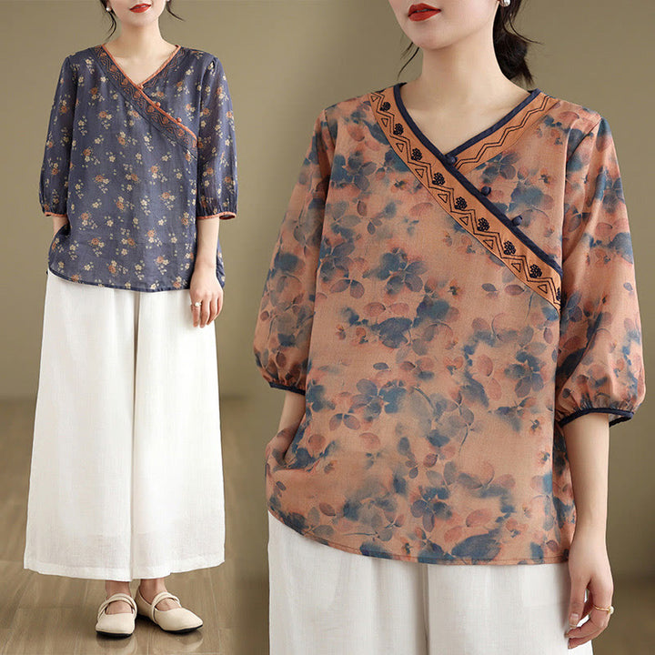 Buddha Stones 夏物 ヴィンテージ風 花柄 Vネック レディース 肘丈袖シャツ - image 15