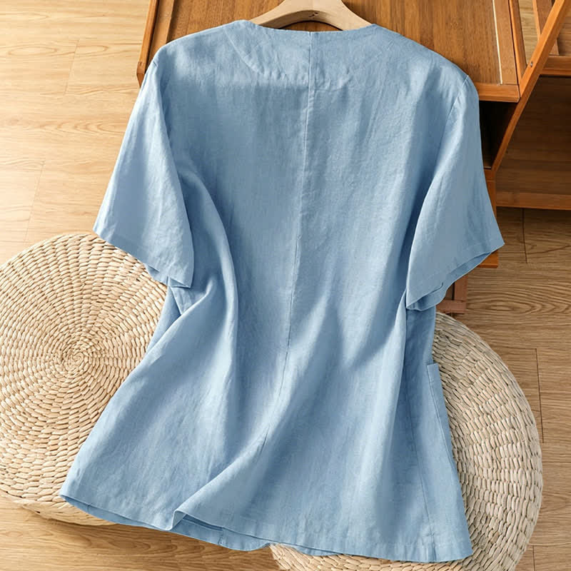 Buddha Stones 夏物カジュアルボタンアップ無地Vネックレディース半袖シャツ（ポケット付き） - image 10