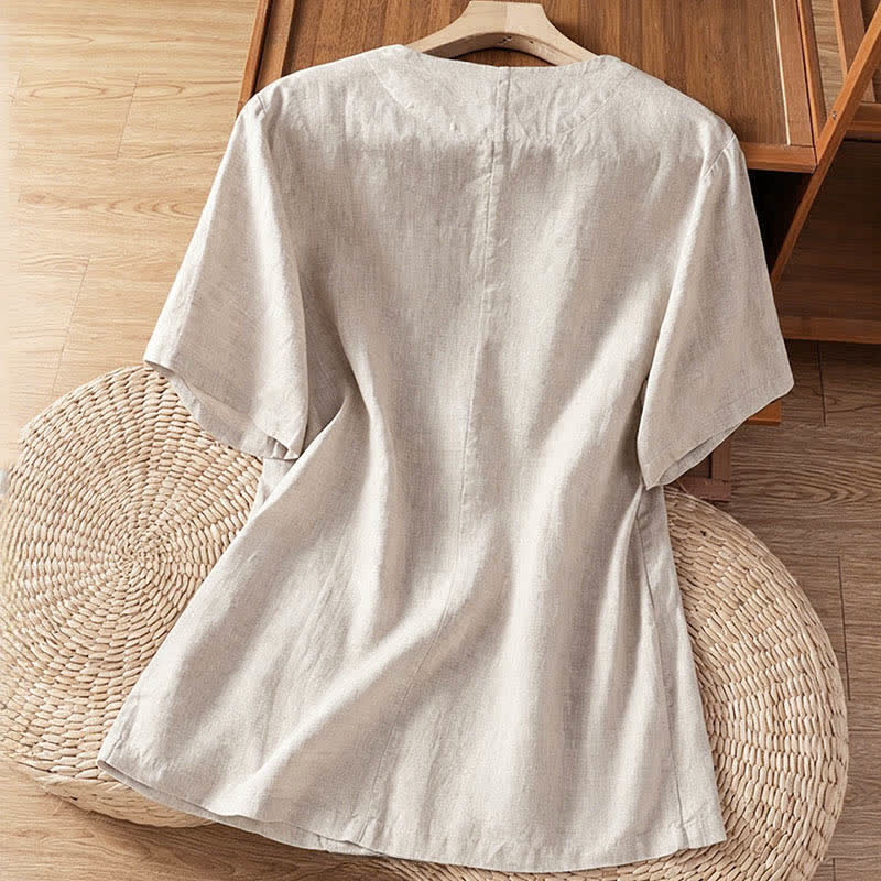 Buddha Stones 夏物カジュアルボタンアップ無地Vネックレディース半袖シャツ（ポケット付き） - image 18