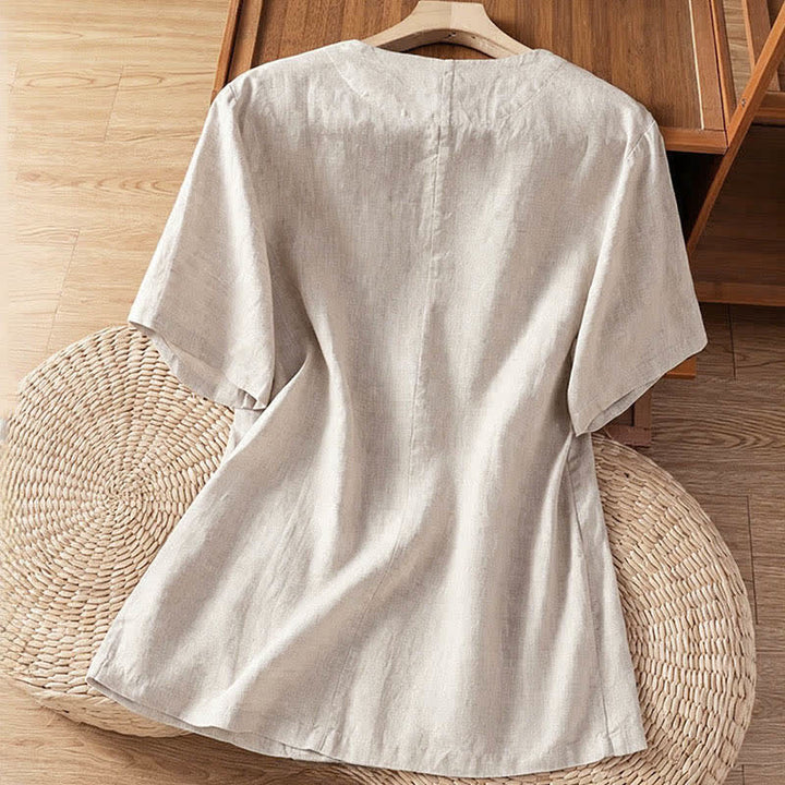 Buddha Stones 夏物カジュアルボタンアップ無地Vネックレディース半袖シャツ（ポケット付き） - image 18