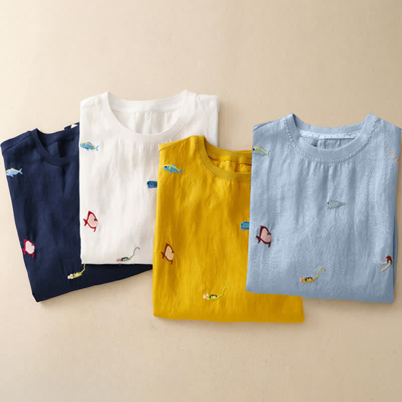 Buddha Stones 夏物カジュアル刺繍入り魚モチーフレディース半袖Tシャツ - image 29