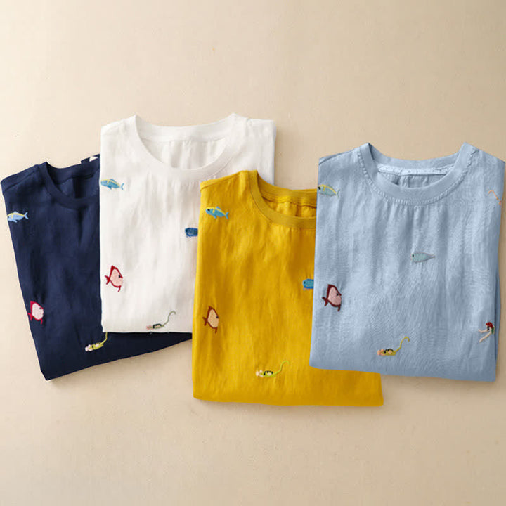 Buddha Stones 夏物カジュアル刺繍入り魚モチーフレディース半袖Tシャツ - image 29