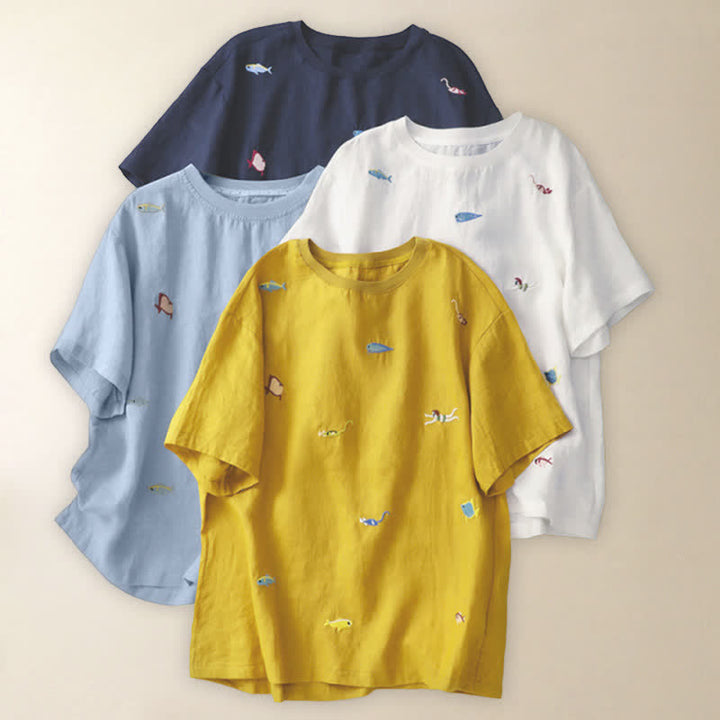 Buddha Stones 夏物カジュアル刺繍入り魚モチーフレディース半袖Tシャツ - image 28