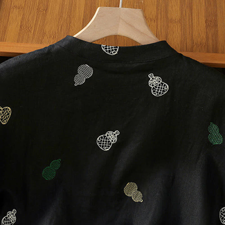 Buddha Stones 夏物唐風マンダリンカラーカエルとひょうたんの刺繍入りレディース半袖シャツ - image 10