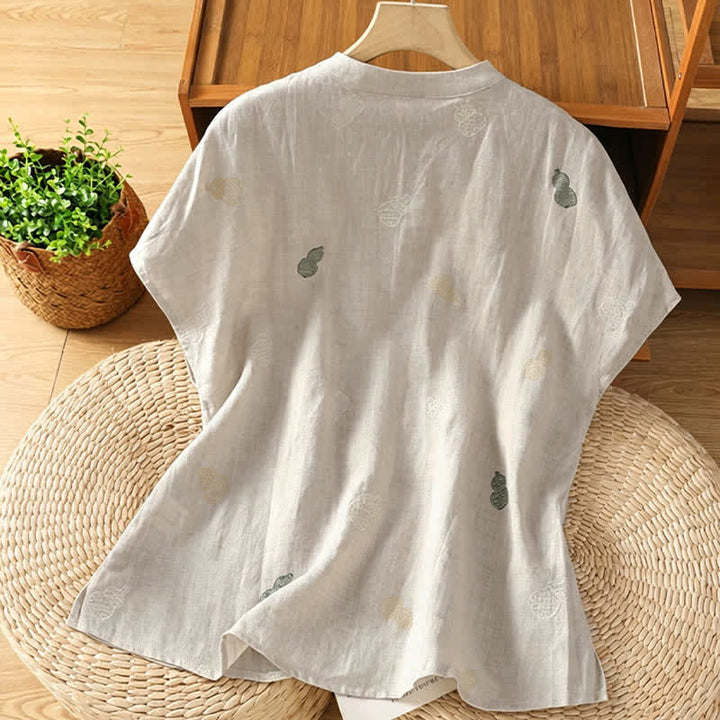 Buddha Stones 夏物唐風マンダリンカラーカエルとひょうたんの刺繍入りレディース半袖シャツ - image 13