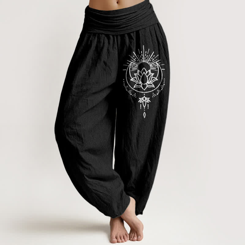 Buddha Stones 純綿ロータス柄レディースゴムウエストハーレムパンツ - 黒 - US16、 UK/AU20、 EU48 (3XL) - image 5