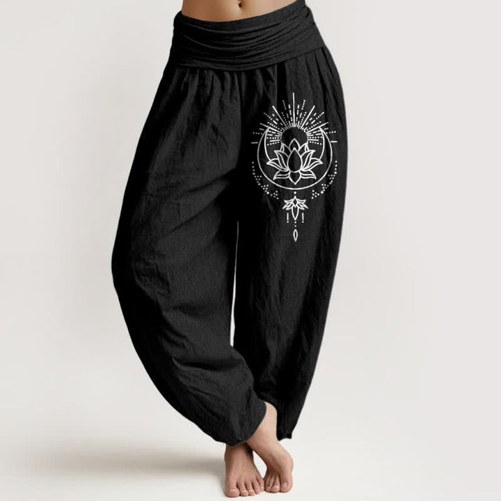 Buddha Stones 純綿ロータス柄レディースゴムウエストハーレムパンツ - 黒 - US16、 UK/AU20、 EU48 (3XL) - image 5