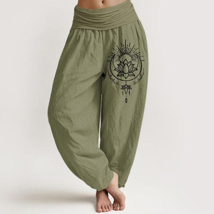 Buddha Stones 純綿ロータス柄レディースゴムウエストハーレムパンツ - オリーブドラブ - US16、 UK/AU20、 EU48 (3XL) - image 14