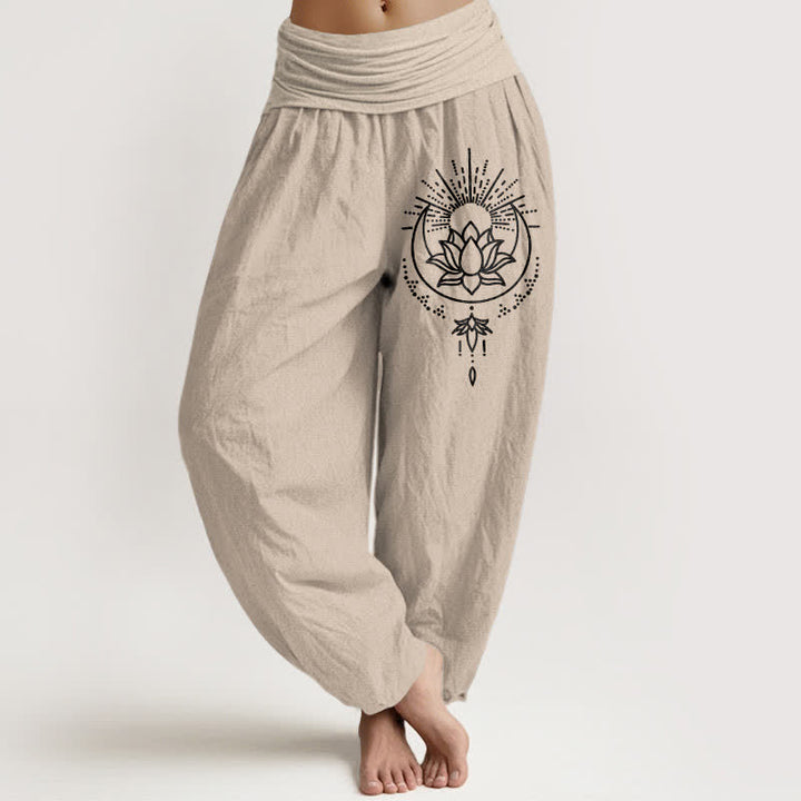 Buddha Stones 純綿ロータス柄レディースゴムウエストハーレムパンツ - タン - US16、 UK/AU20、 EU48 (3XL) - image 0
