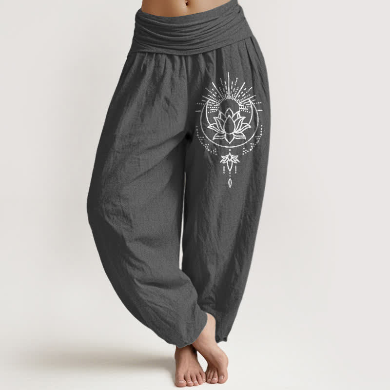 Buddha Stones 純綿ロータス柄レディースゴムウエストハーレムパンツ - 薄暗い灰色 - US16、 UK/AU20、 EU48 (3XL) - image 11