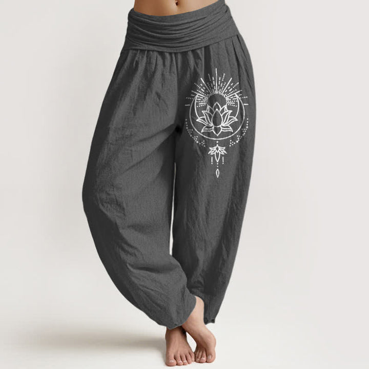 Buddha Stones 純綿ロータス柄レディースゴムウエストハーレムパンツ - 薄暗い灰色 - US16、 UK/AU20、 EU48 (3XL) - image 11