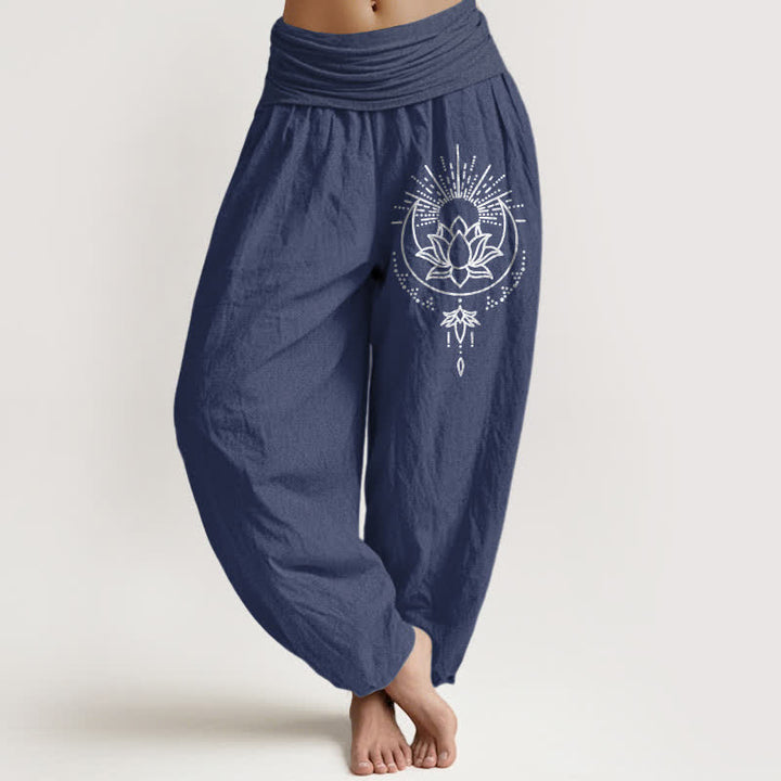Buddha Stones 純綿ロータス柄レディースゴムウエストハーレムパンツ - ダークスレートブルー - US16、 UK/AU20、 EU48 (3XL) - image 8