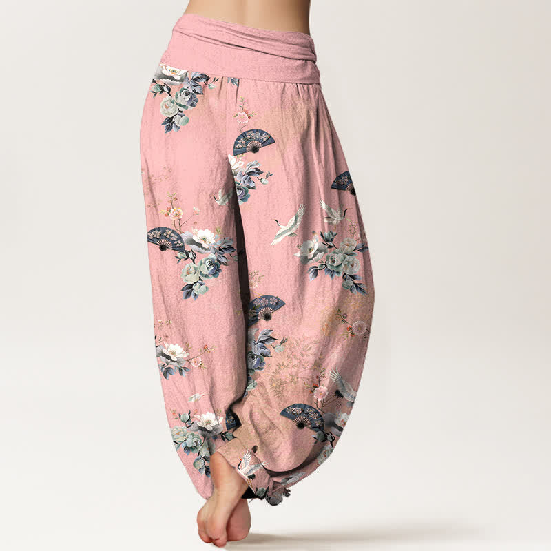 Buddha Stones コットン製鶴柄扇子模様 レディース ゴムウエスト ハーレムパンツ - image 6