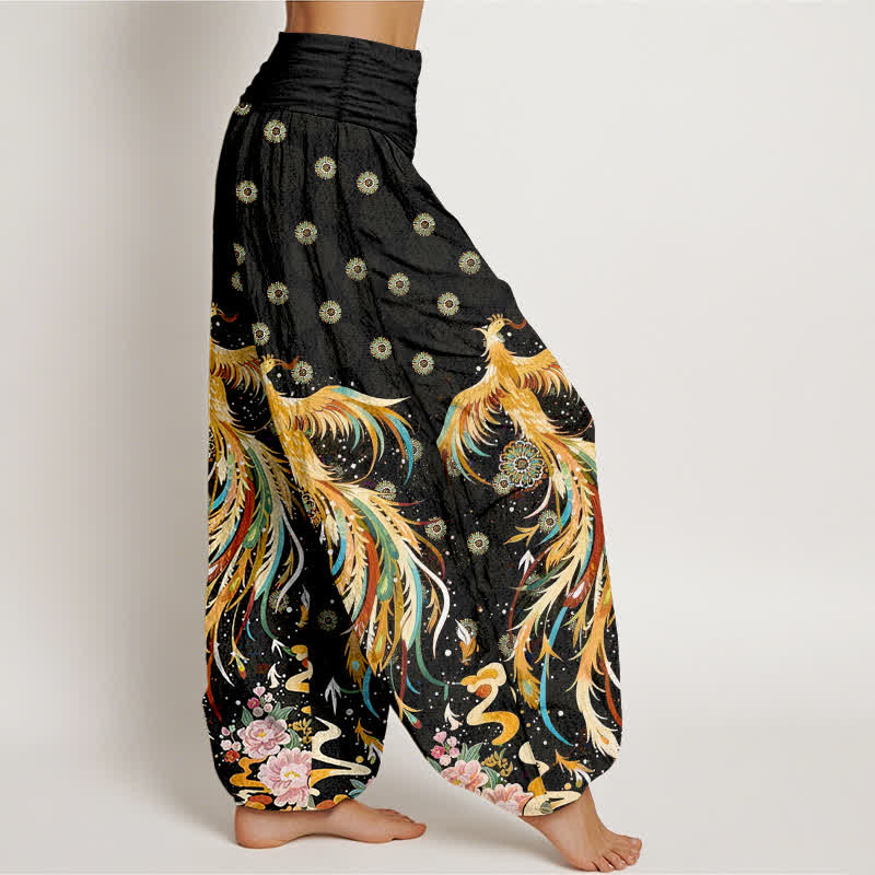 Buddha Stones コットンゴールドフェニックス柄レディースゴムウエストハーレムパンツ - image 2