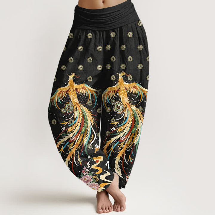 Buddha Stones コットンゴールドフェニックス柄レディースゴムウエストハーレムパンツ - 黒 - US16、 UK/AU20、 EU48 (3XL) - image 0