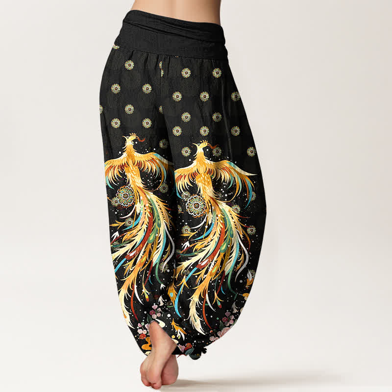 Buddha Stones コットンゴールドフェニックス柄レディースゴムウエストハーレムパンツ - image 1