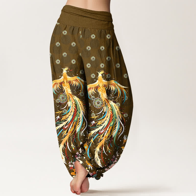 Buddha Stones コットンゴールドフェニックス柄レディースゴムウエストハーレムパンツ - image 6