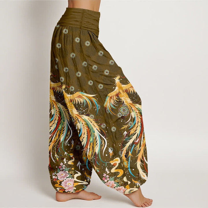Buddha Stones コットンゴールドフェニックス柄レディースゴムウエストハーレムパンツ - image 7